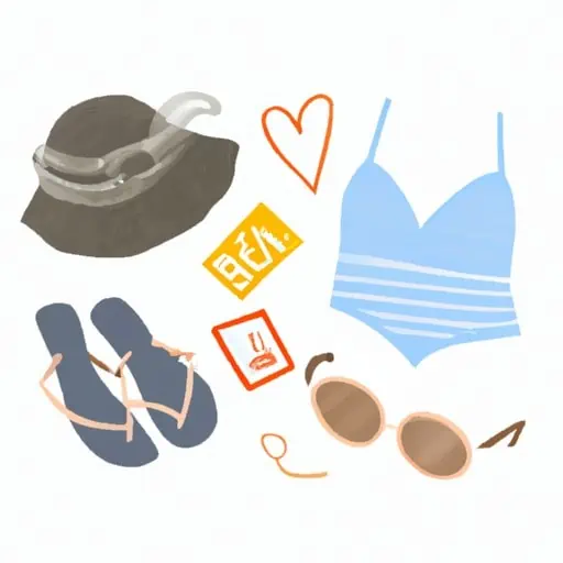 3. איור של לבוש חוף אידיאלי, כולל בגדי ים, כובע ומשקפי שמש.
