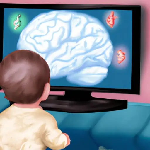 איור של מוחו של תינוק המראה אזורים שונים המופעלים בזמן צפייה בטלוויזיה.