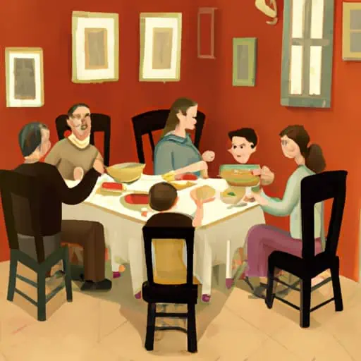 תמונה המציגה משפחה נהנית מארוחה בחדר האוכל שלה, מדגישה את החשיבות של כסאות אוכל פונקציונליים.
